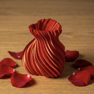 3D printed red heart vase with rose petals