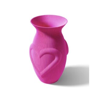 3D printed pink heart-shaped vase with textured ribbing
