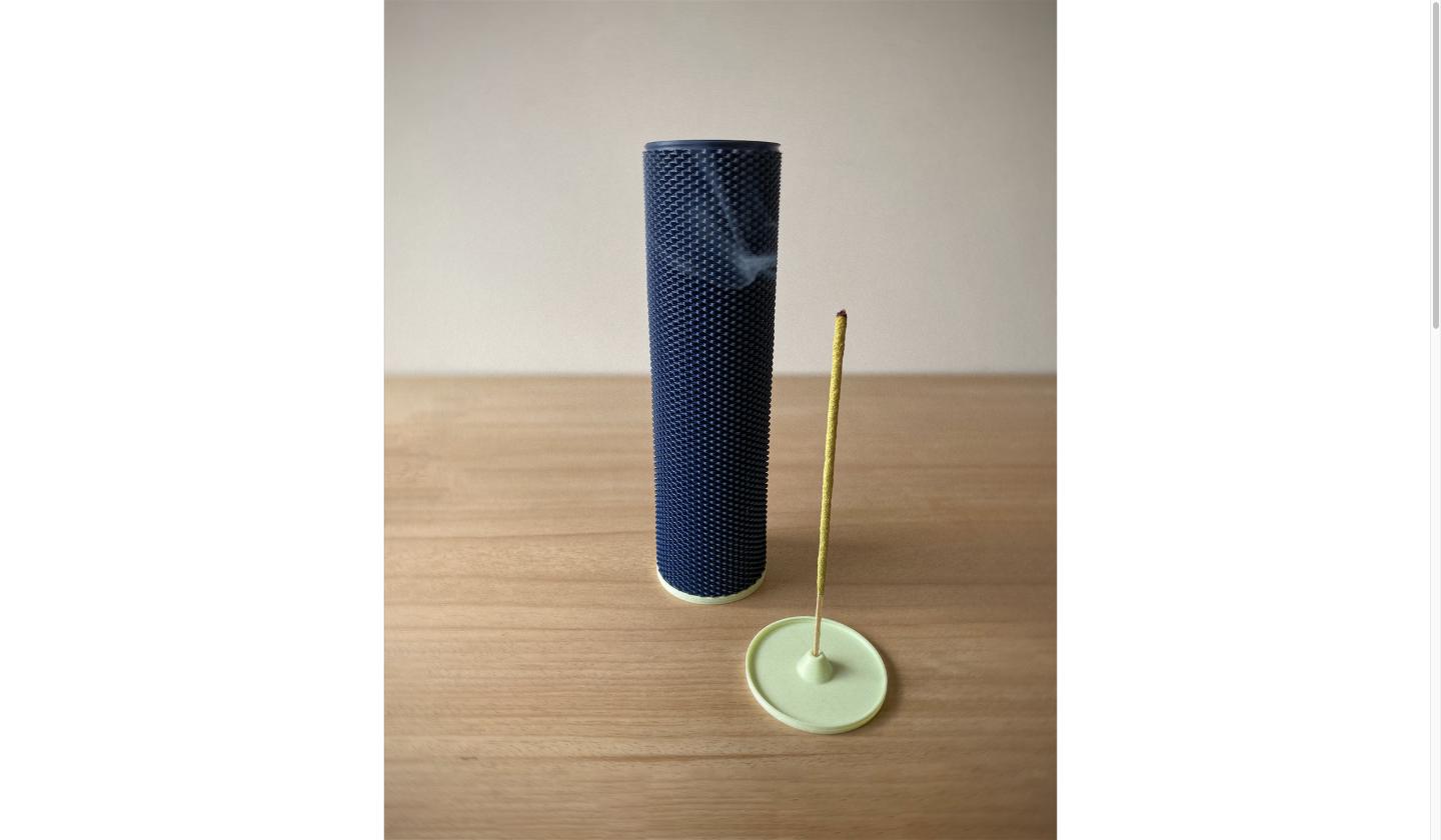 3D printed navy blue ripple-textured incense holder with matching dish