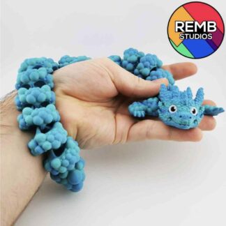 3D printed articulated soap bubble dragon toy in blue
