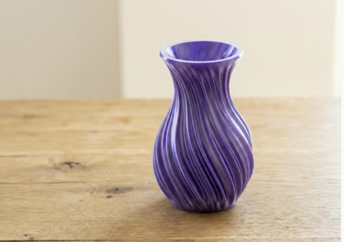 3D printed twisted swirl vase in purple